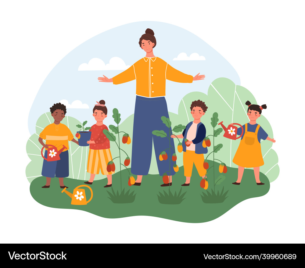 Kids engaged gardening concept Kids engaged gardening concept vector image