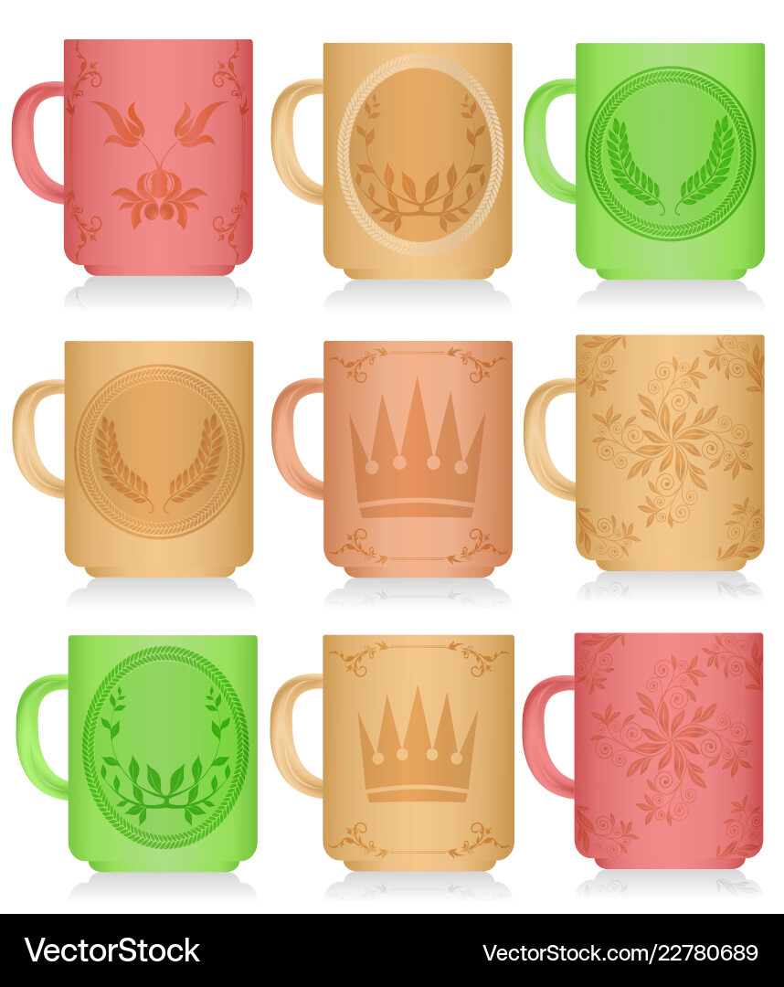 Set of multi-colored mugs with patterns vector image
