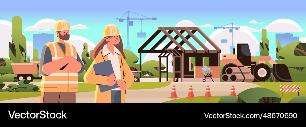 Architect and engineer in uniform discussing Vector Image