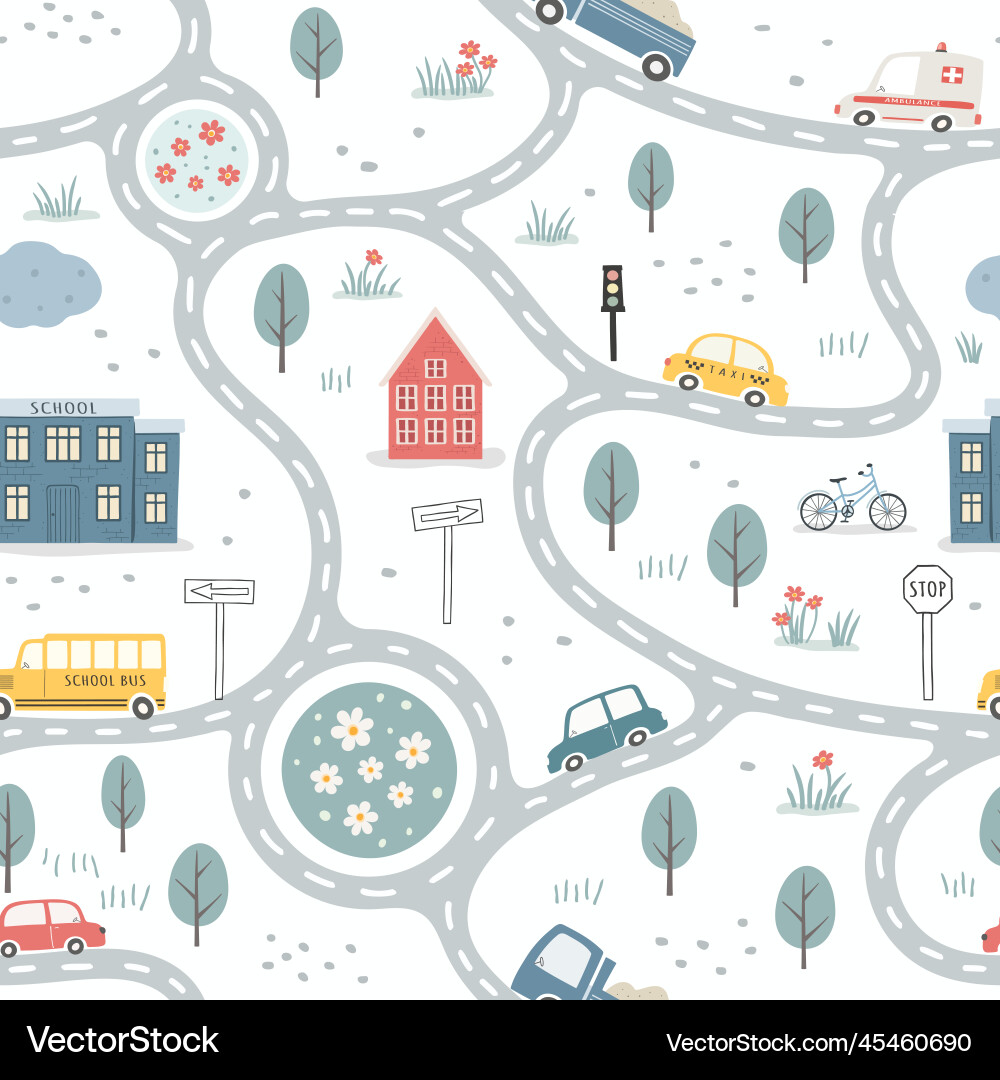 Children city map with roads and transport kid Children city map with roads and transport kid vector image