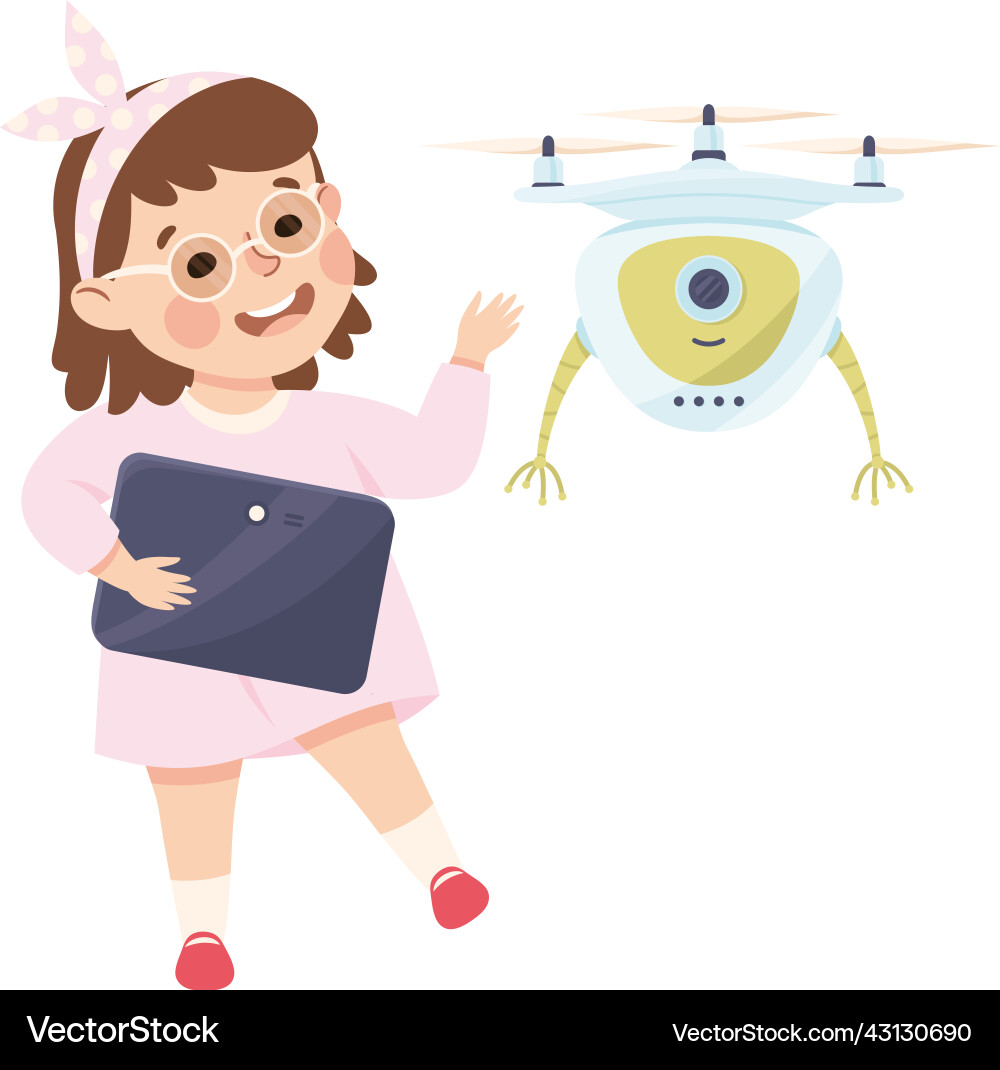 Little girl with tablet programming drone robot Little girl with tablet programming drone robot vector image