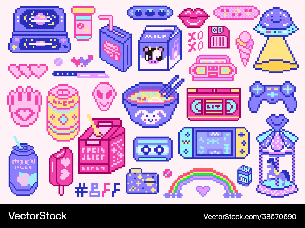 Pixel art 8 bit objects retro digital game assets Pixel art 8 bit objects retro digital game assets vector image