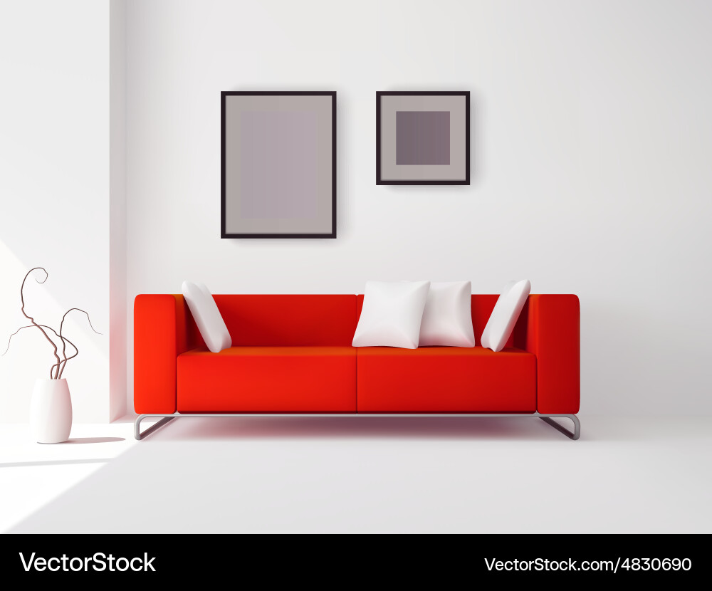 Red sofa with pillows and frames Vector Image