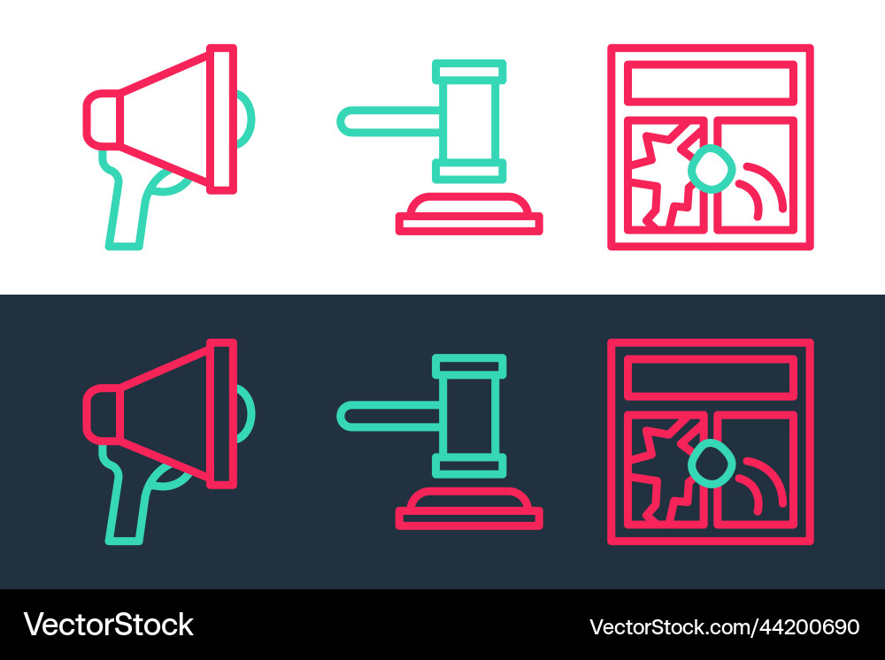 Set line broken window megaphone and judge gavel Set line broken window megaphone and judge gavel vector image
