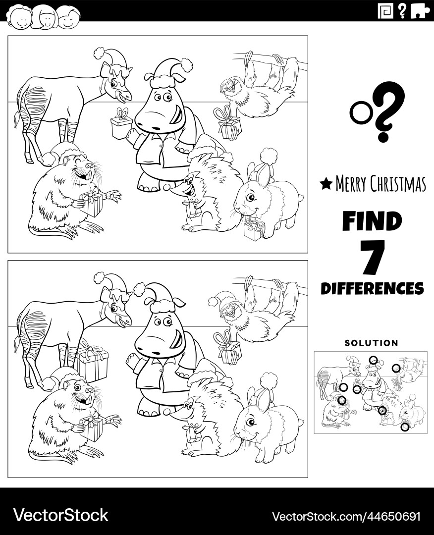 Differences task with animals on christmas time Vector Image