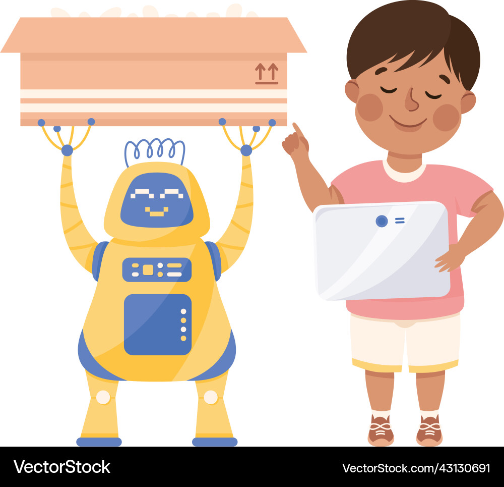 Little boy with tablet programming robot carrying Little boy with tablet programming robot carrying vector image