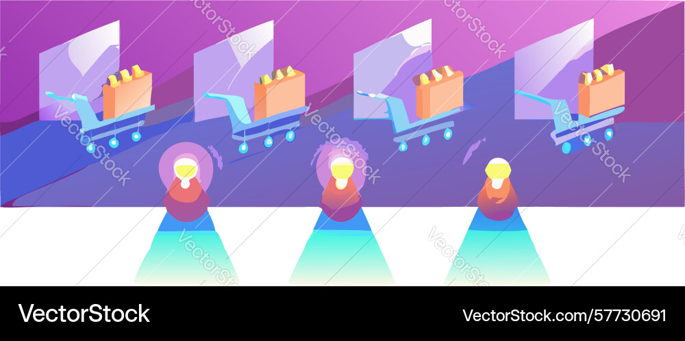 Online shopping carts with data flow design vector image