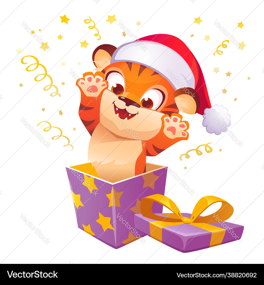 Gift box with cute tiger in christmas hat leap out Gift box with cute tiger in christmas hat leap out vector image