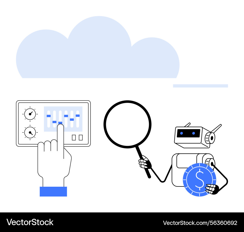 Hand adjusting control panel with robot analyzing Hand adjusting control panel with robot analyzing vector image