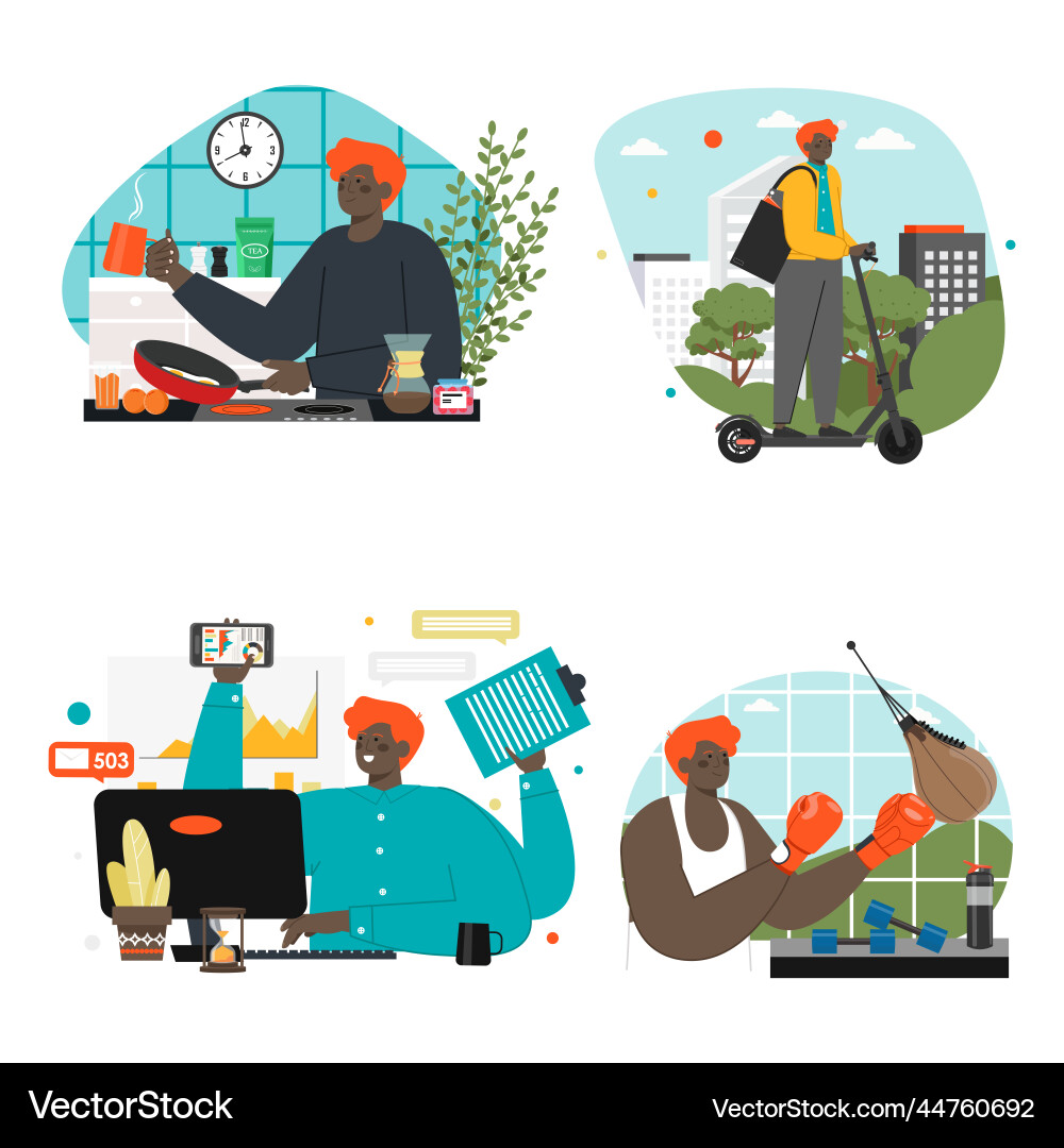 Man daily routine life and work scene Man daily routine life and work scene vector image