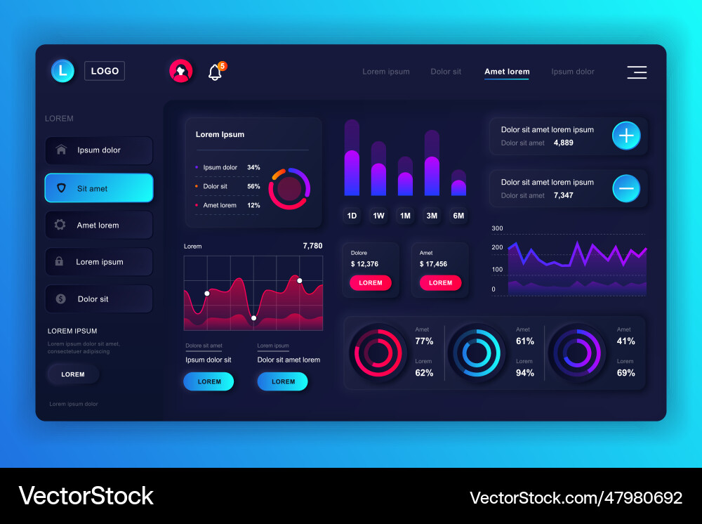 Neumorphic dashboard ui kit admin panel design vector image