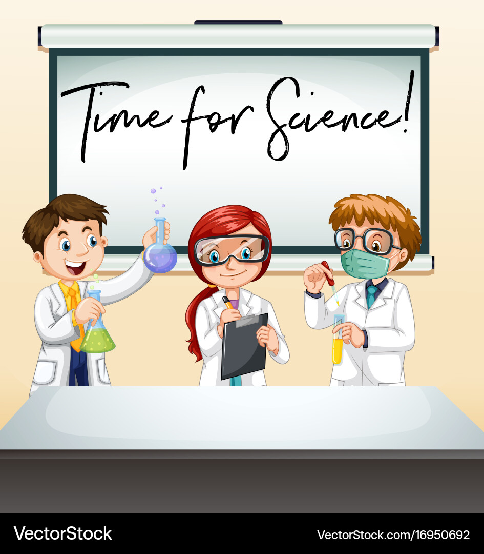 Three scientists in lab with phrase time vector image