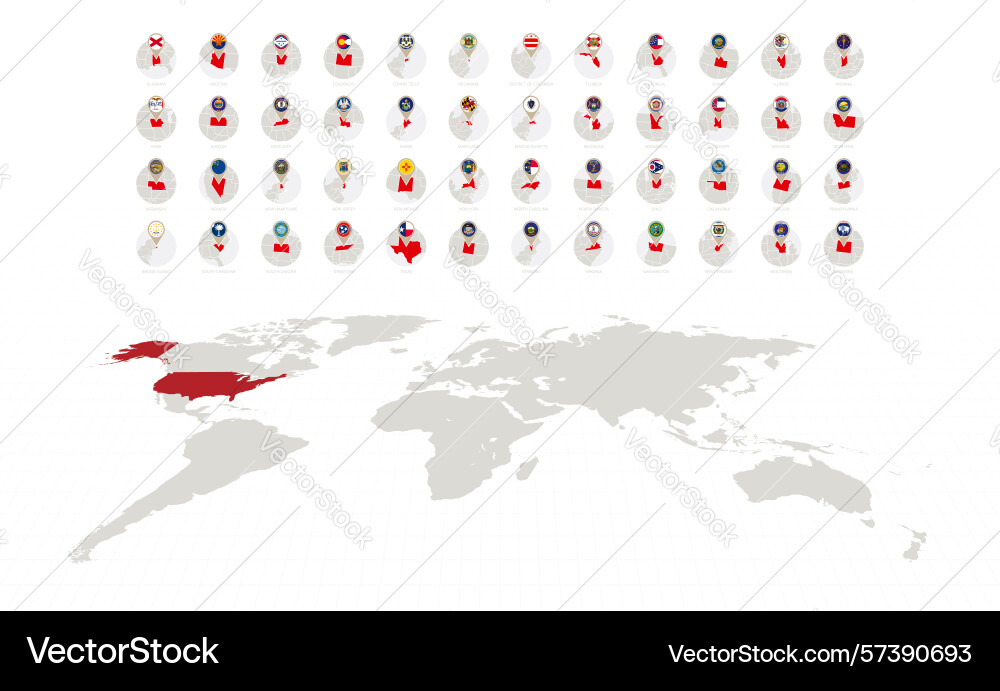 Circle icons with flags and maps of us states Circle icons with flags and maps of us states vector image