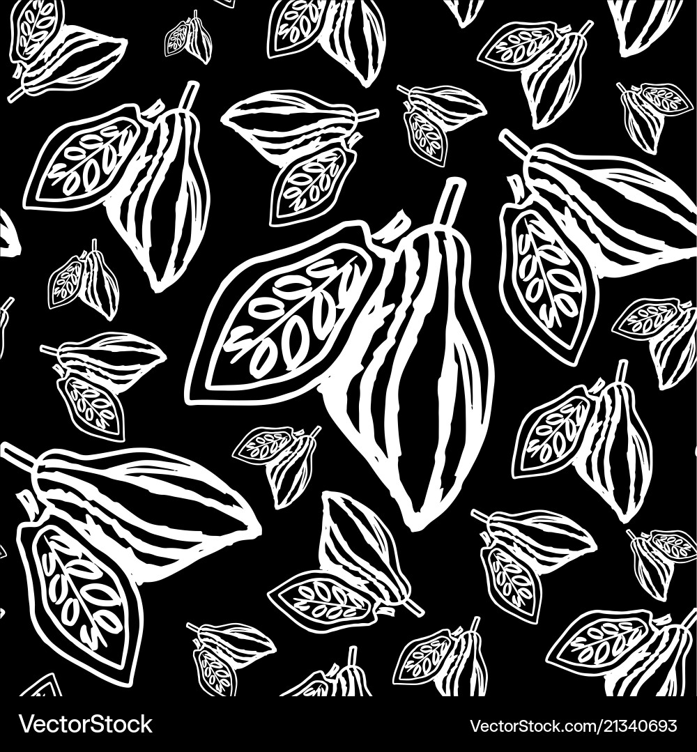 Cocoa beans pattern on black background vector image