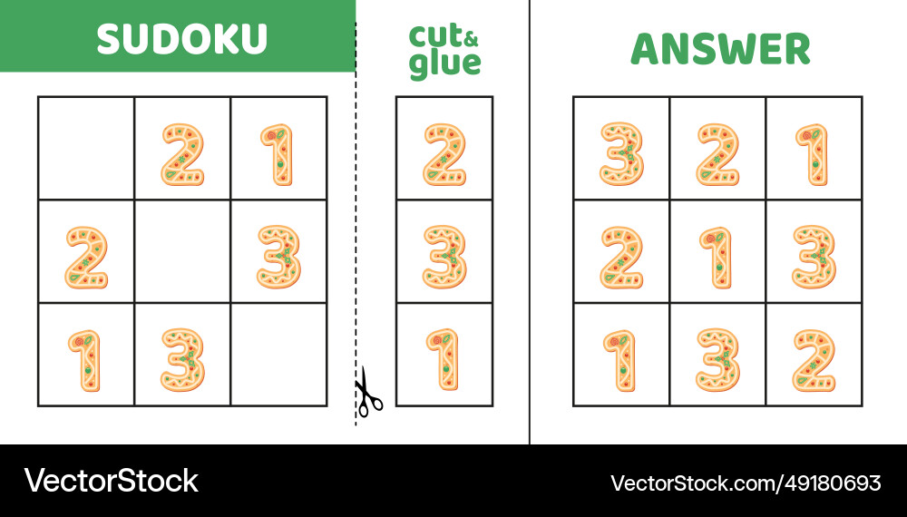 Easy sudoku with three cookie numbers one two Vector Image