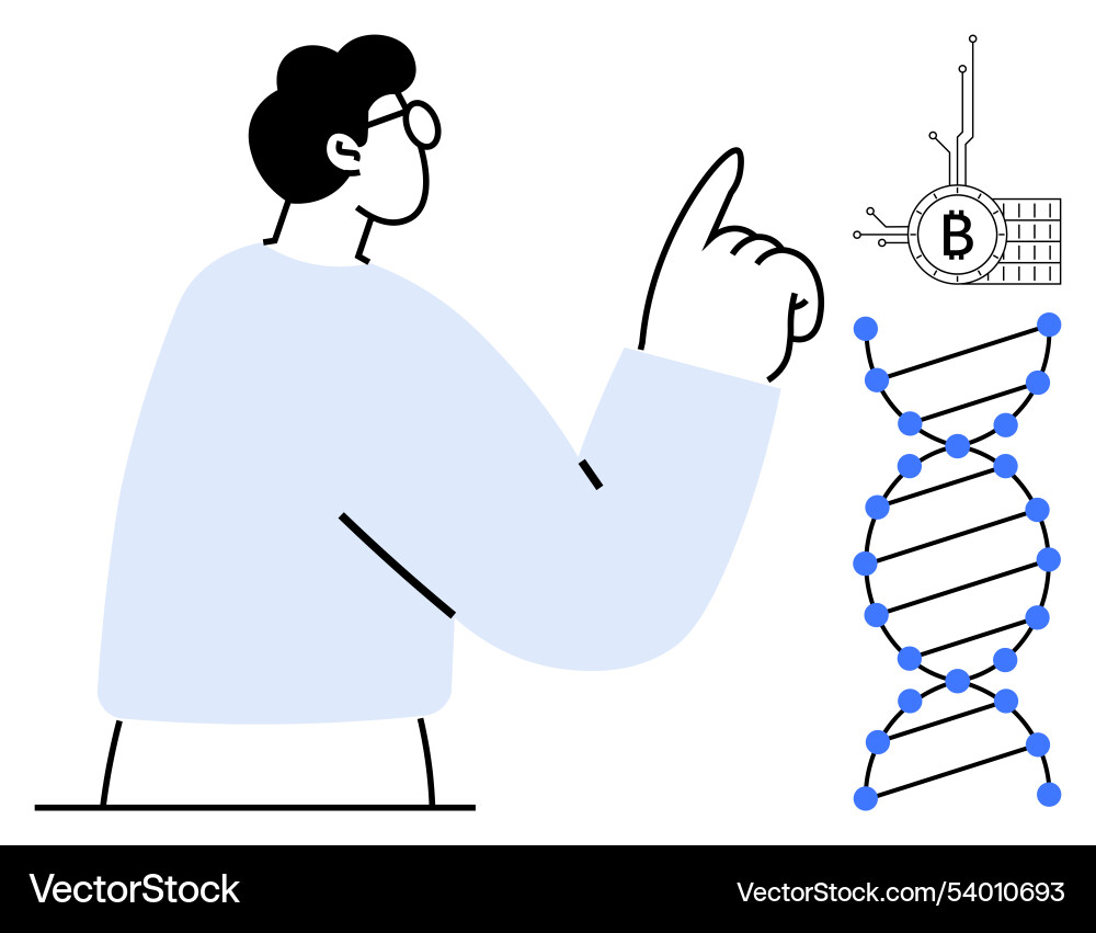 Man pointing at dna helix with bitcoin symbol Man pointing at dna helix with bitcoin symbol vector image