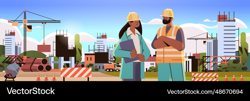 Architect and engineer in uniform discussing Architect and engineer in uniform discussing Vector Image