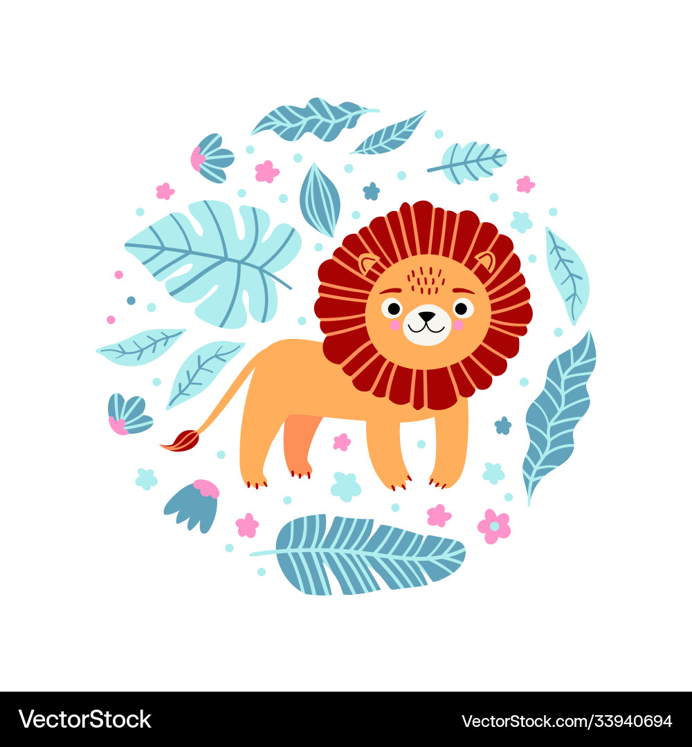 Kid print with lion and leaves in a round shape Vector Image