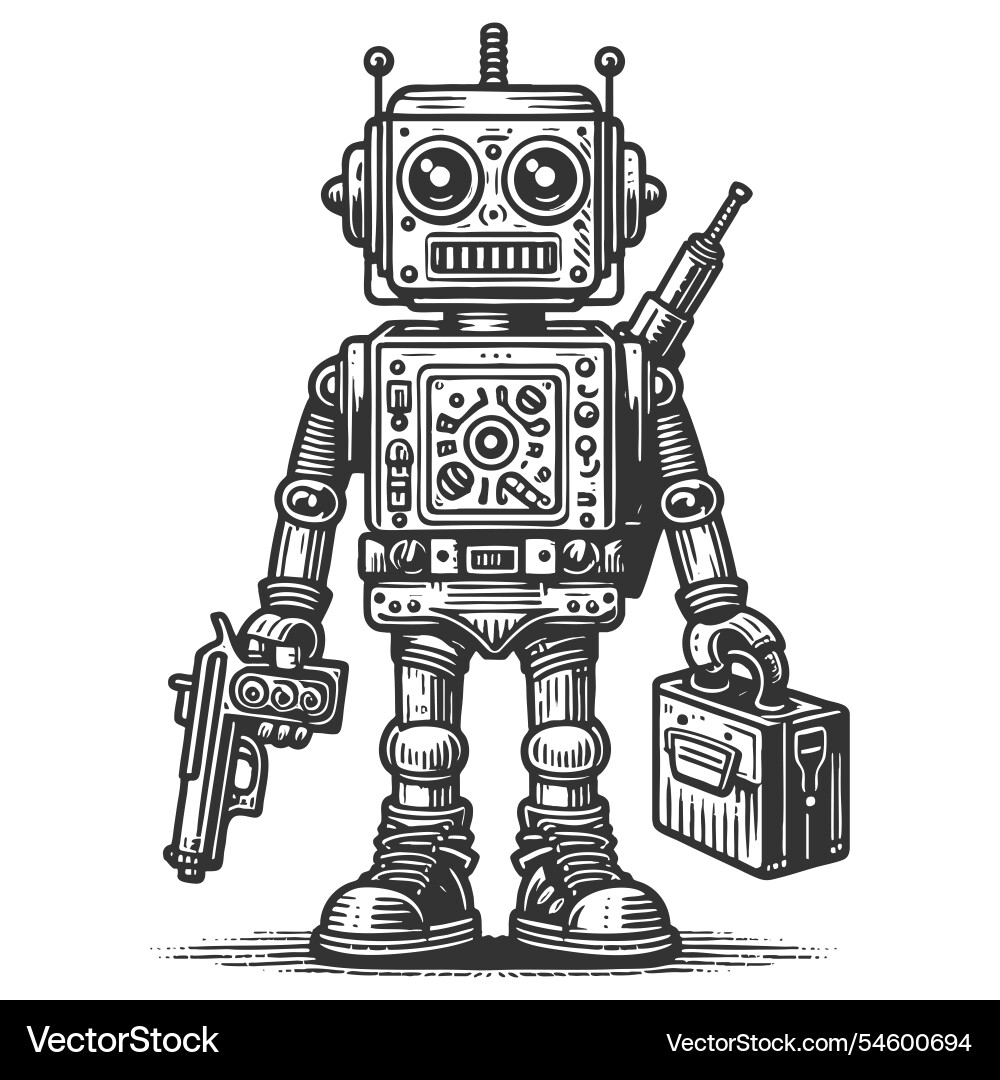 Retro robot with gun and toolbox engraving Vector Image
