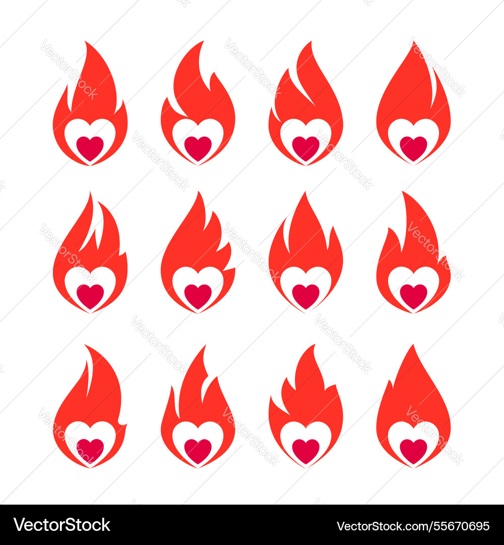 Fire flame icon set hot heart symbols Fire flame icon set hot heart symbols vector image