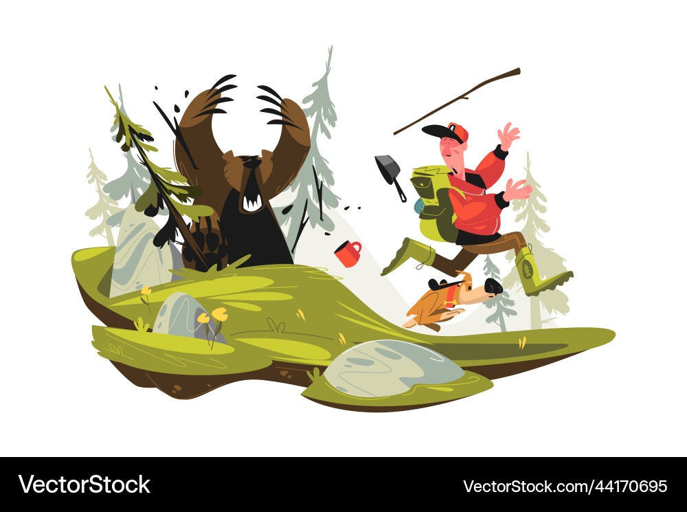 Man traveller running away from attacking bear vector image
