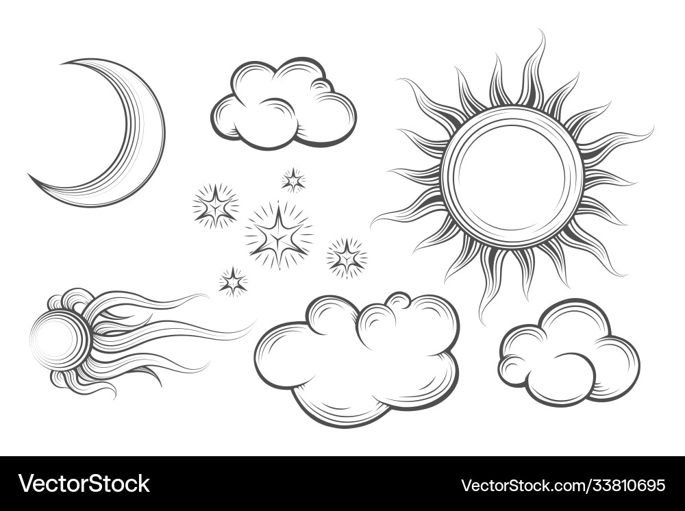 Sun moon comet stars and clouds in vintage vector image