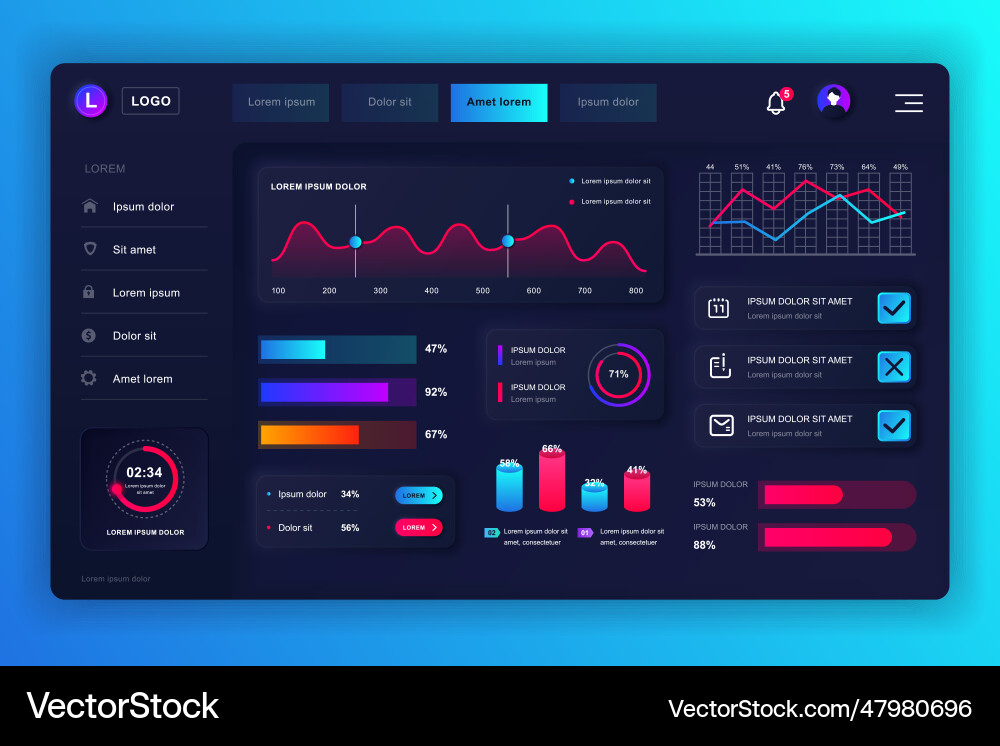 Neumorphic dashboard ui kit admin panel design vector image