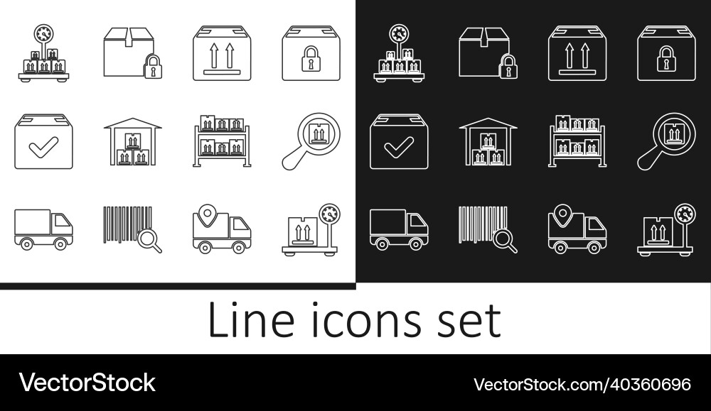 Set line scale with cardboard box search package Set line scale with cardboard box search package Vector Image