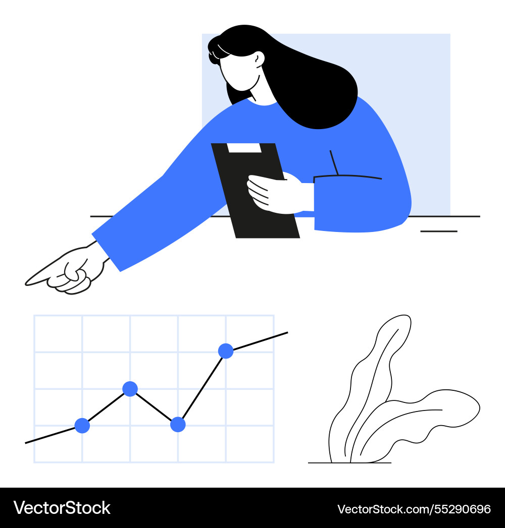 Woman analyzing graph data and pointing Woman analyzing graph data and pointing vector image