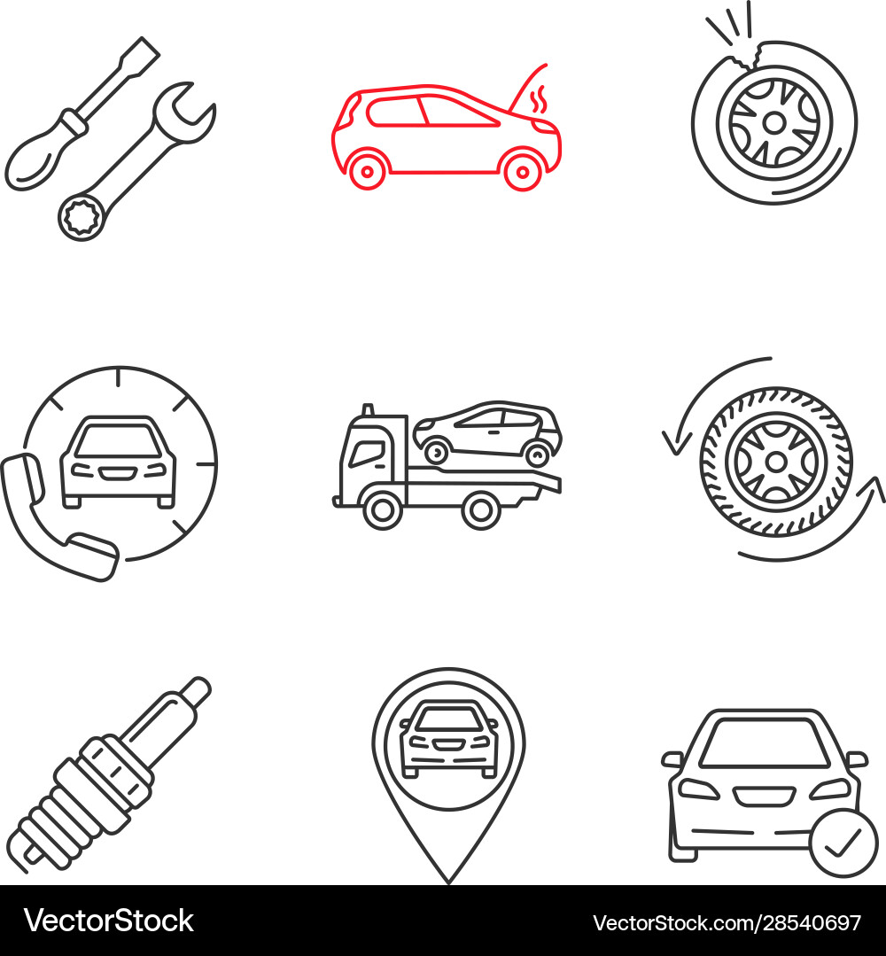 Auto workshop linear icons set Auto workshop linear icons set Vector Image