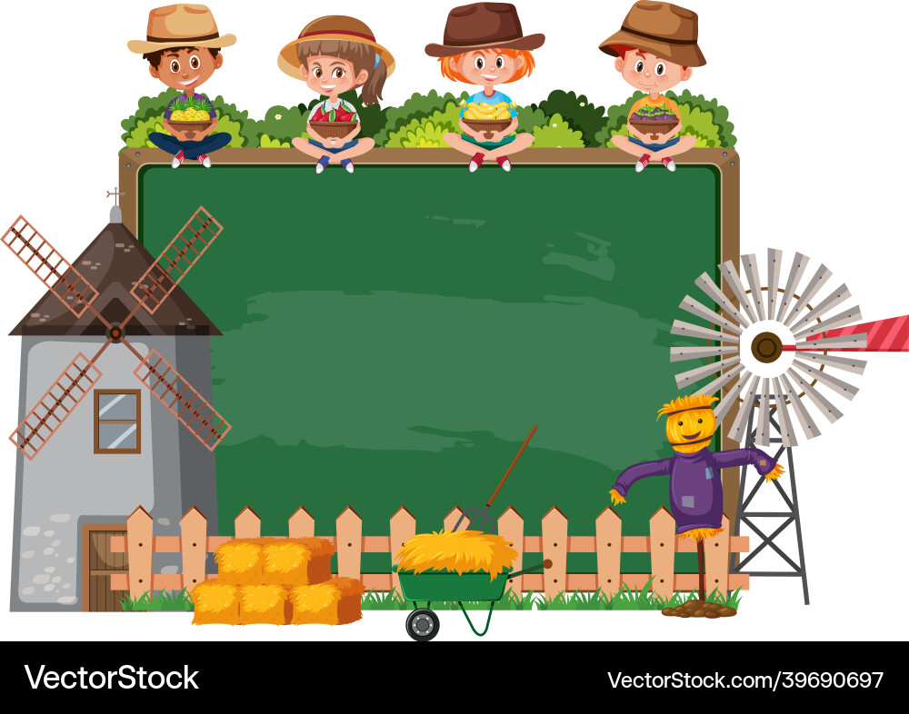 Empty blackboard with children and farm objects Vector Image
