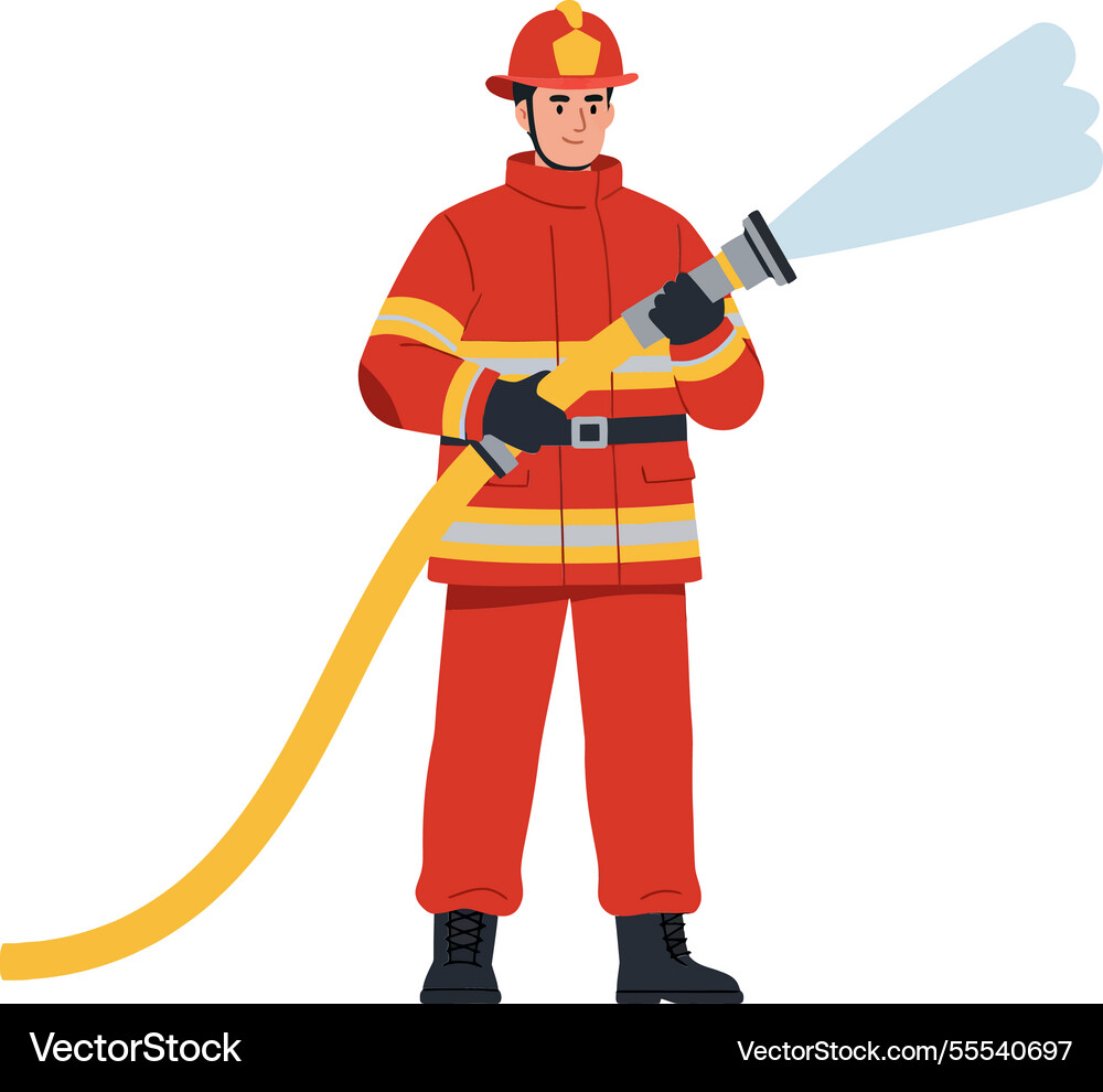 Firefighter using hose in action with bright Vector Image