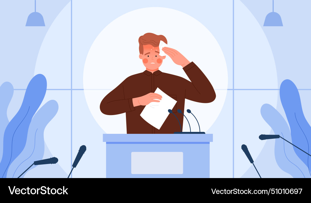 Nervous man feeling fear anxiety before stage vector image