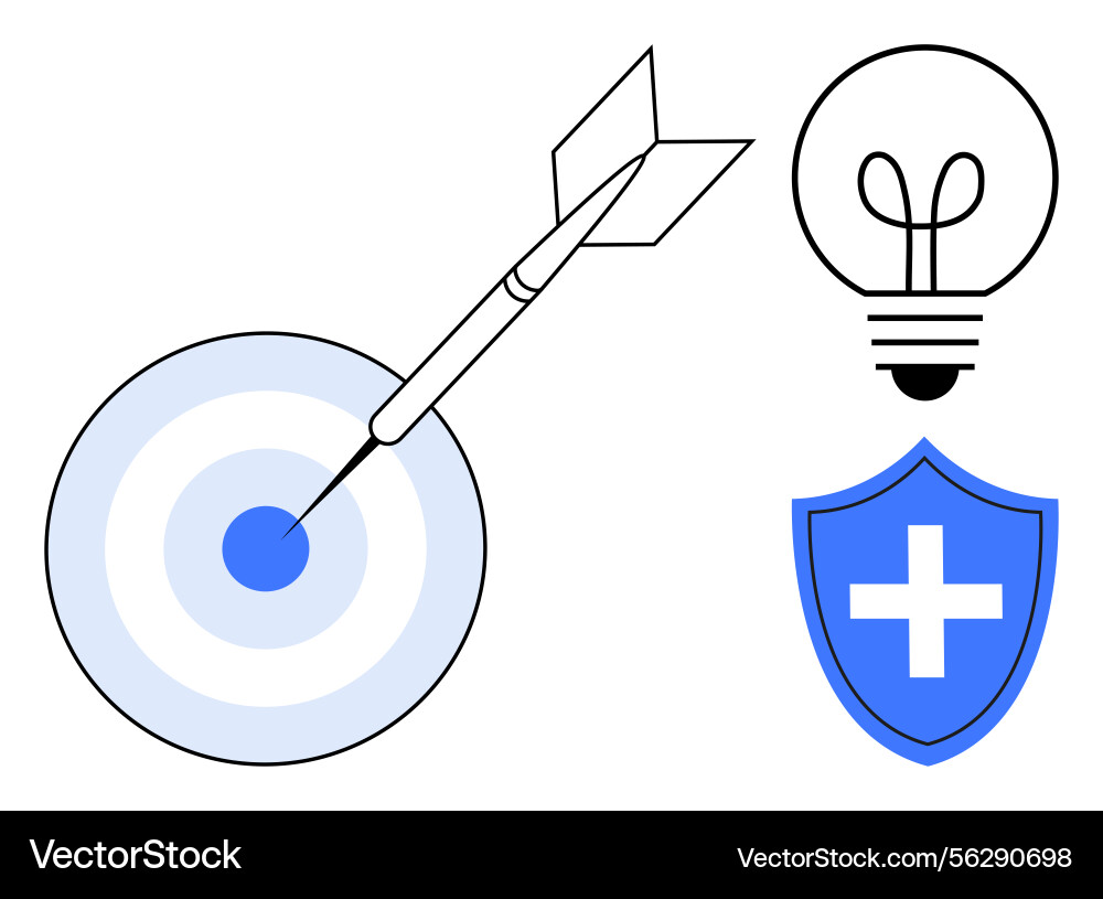 Bullseye with dart glowing lightbulb and shield Bullseye with dart glowing lightbulb and shield vector image