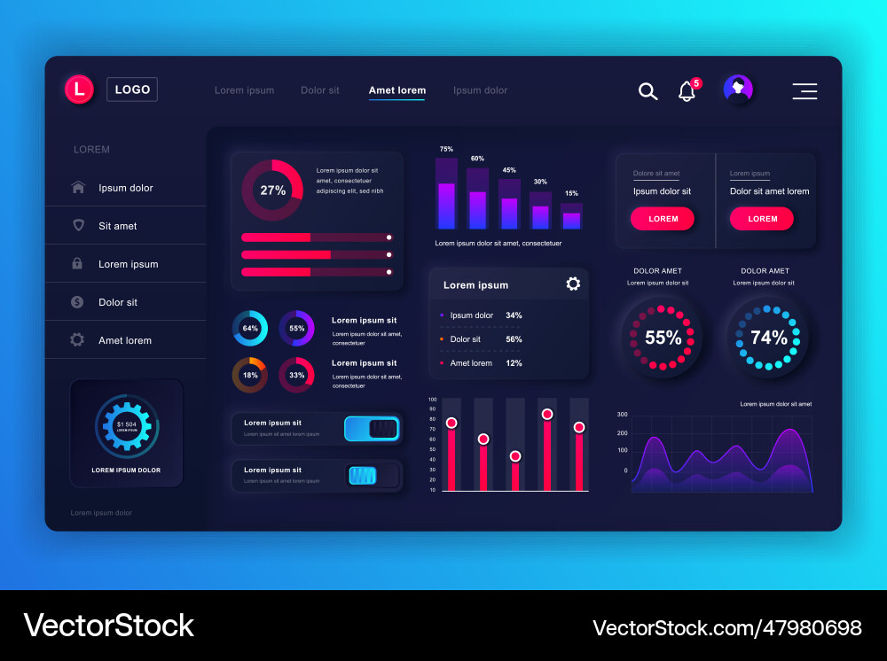 Neumorphic dashboard ui kit admin panel design vector image