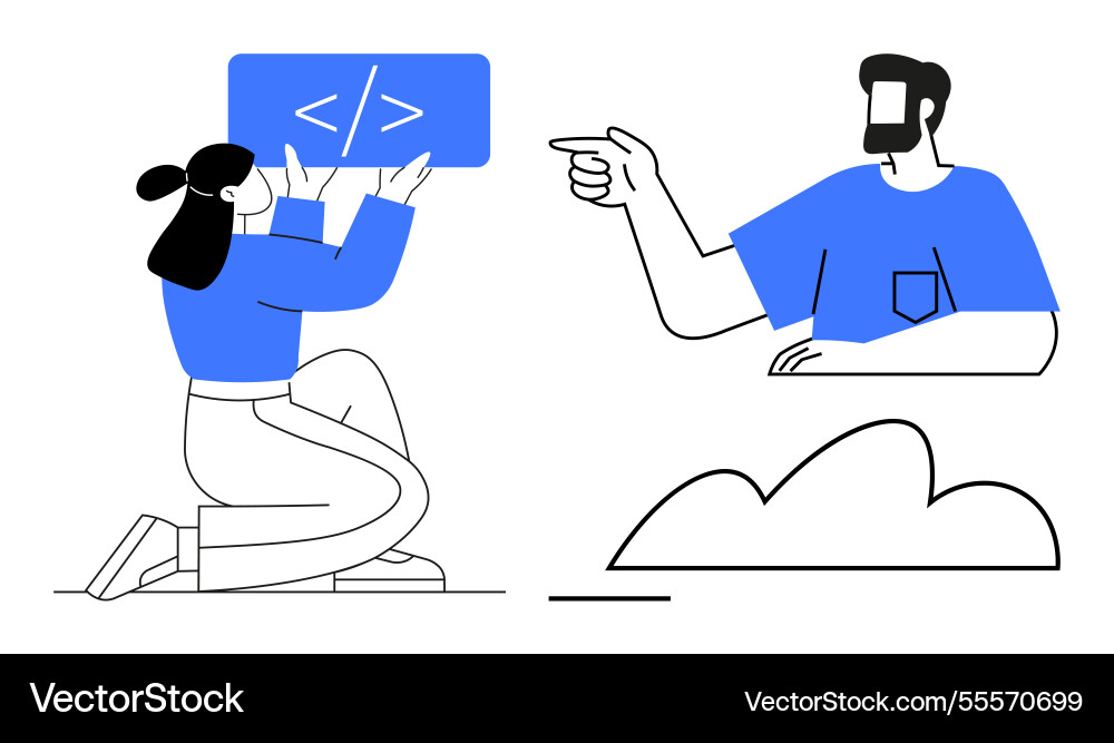 Programmer presenting code to colleague amid cloud Programmer presenting code to colleague amid cloud vector image