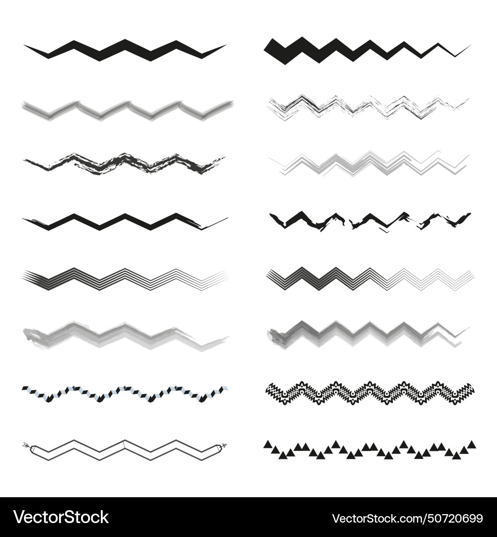 Set of various zigzag lines and patterns in black Set of various zigzag lines and patterns in black vector image