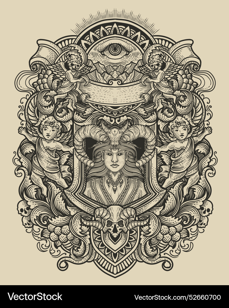 Beautiful demon girl with vintage engraving Beautiful demon girl with vintage engraving Vector Image