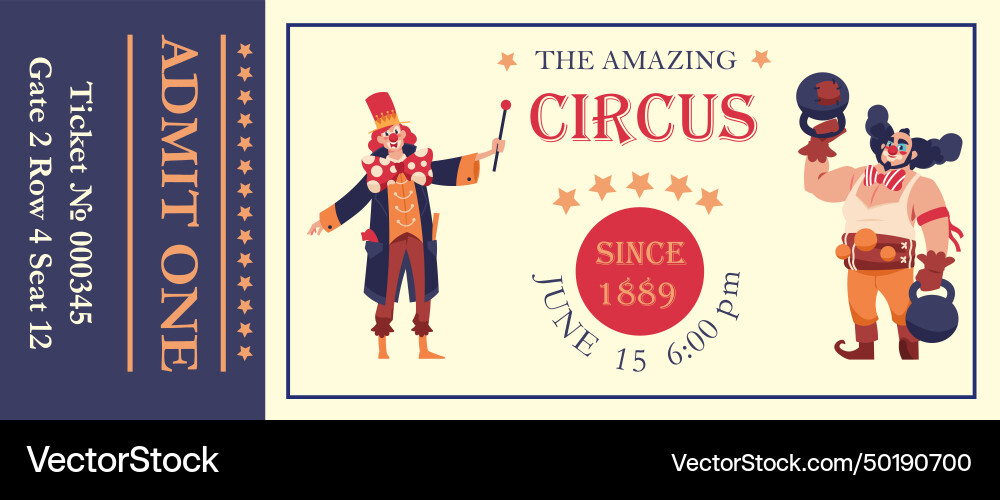 Circus ticket clowns performance carnival event vector image