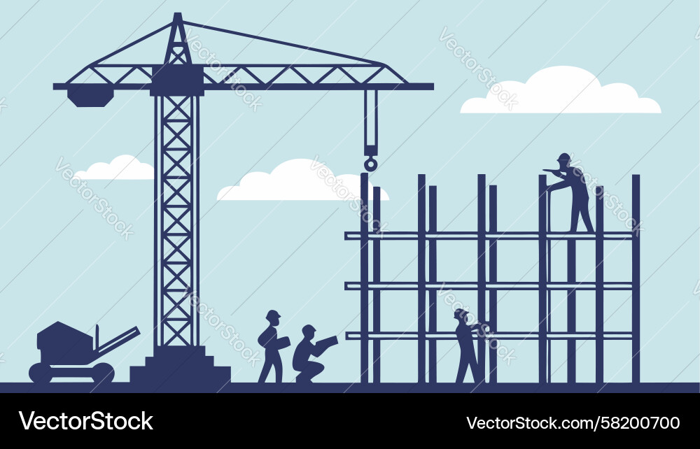 Constructing building frame with crane assistance Vector Image