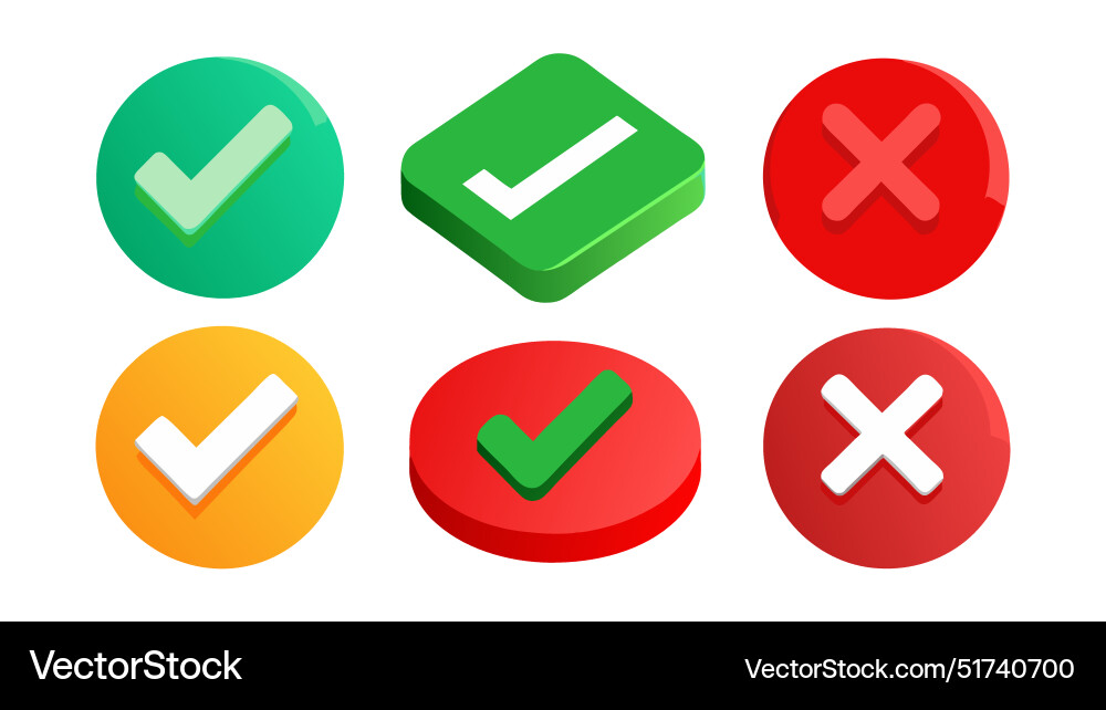 Right and wrong 3d buttons tick cross red Vector Image