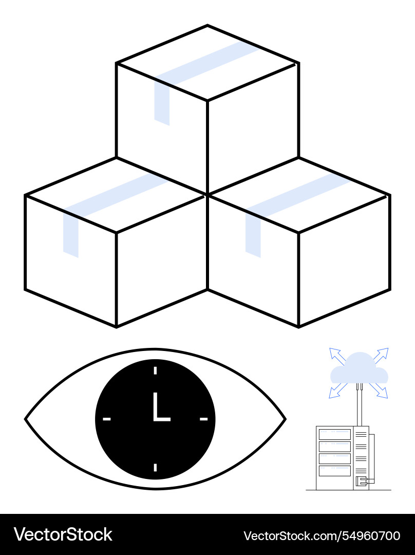 Stacked boxes clock eye and server with a cloud Stacked boxes clock eye and server with a cloud vector image