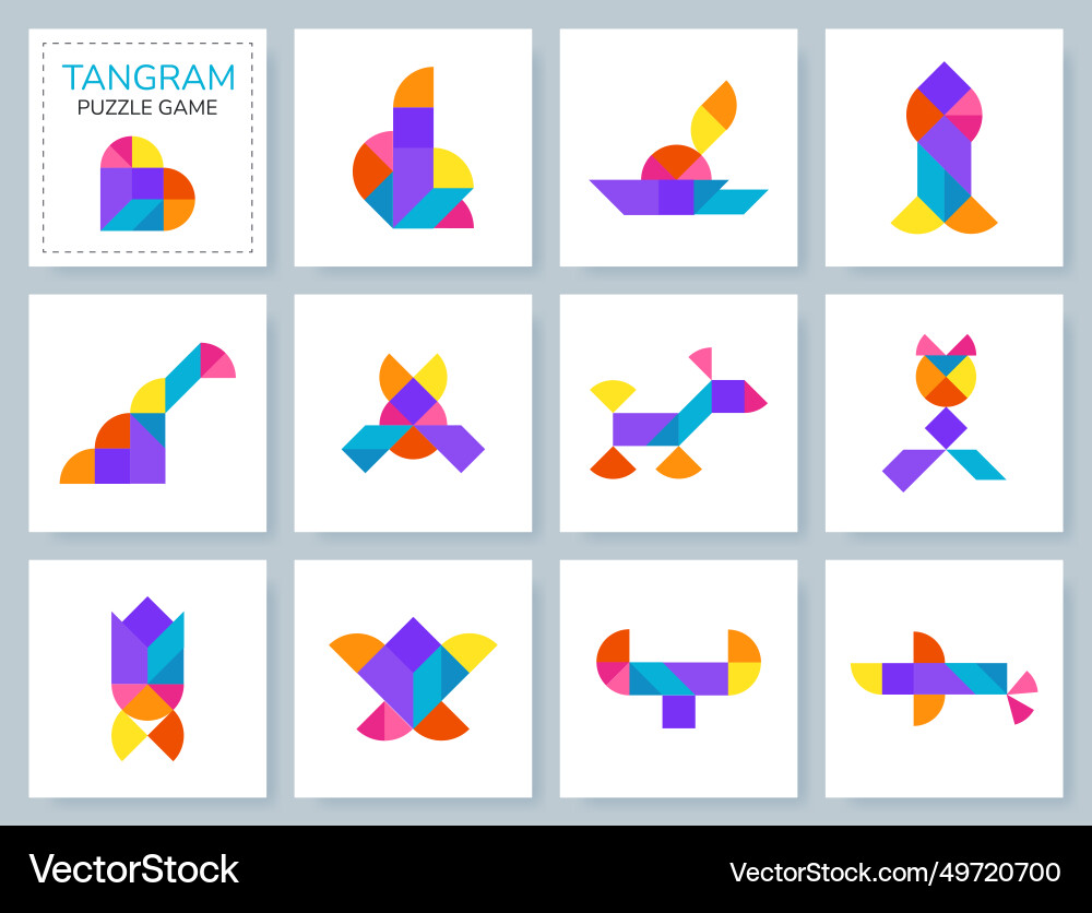 Tangram puzzle set with various objects Tangram puzzle set with various objects vector image