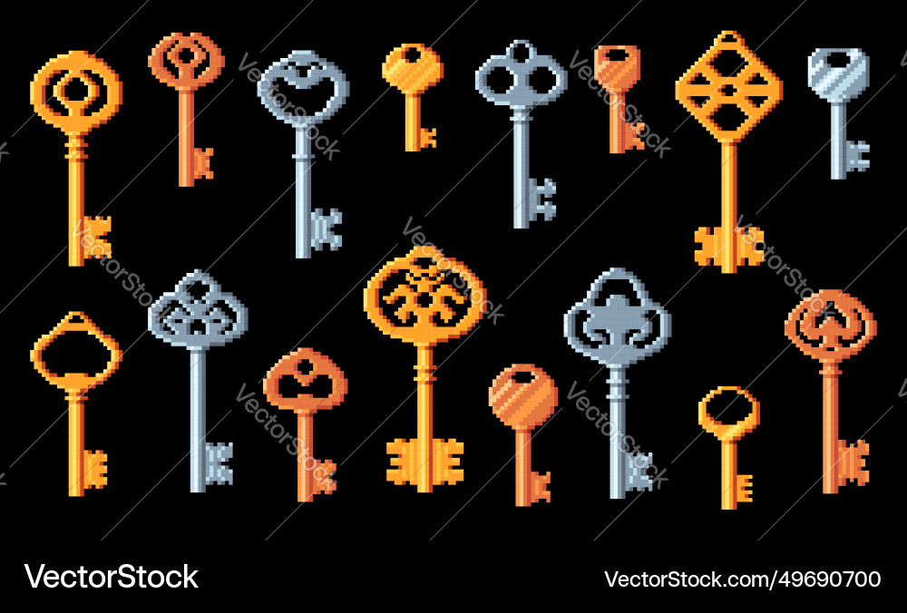 Vintage door keys pixel art 8bit game icons Vintage door keys pixel art 8bit game icons vector image