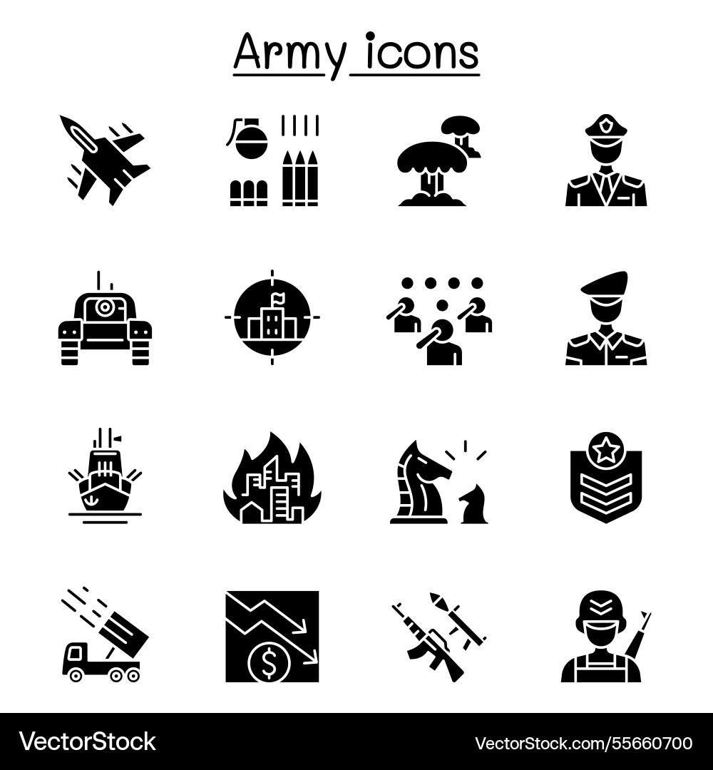 War and army icons set in glyph style War and army icons set in glyph style vector image