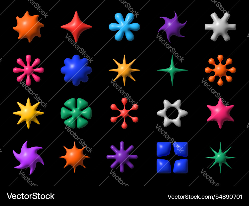 3d y2k brutalism shapes abstract stars or flowers 3d y2k brutalism shapes abstract stars or flowers vector image