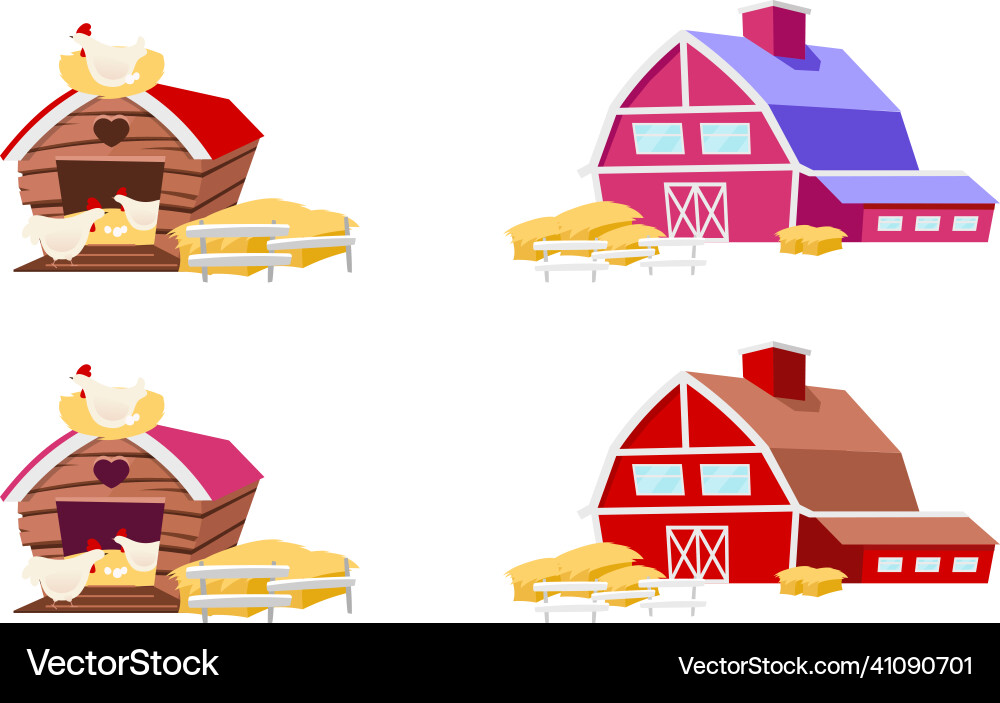 Barns and chicken coops flat color objects set vector image