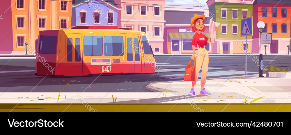 Girl tourist with bag and map on city street Girl tourist with bag and map on city street vector image