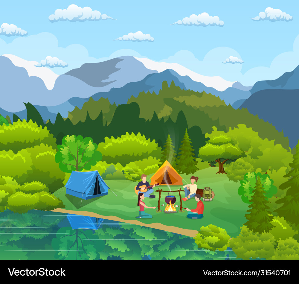 Group young people are sitting around campfire Group young people are sitting around campfire vector image