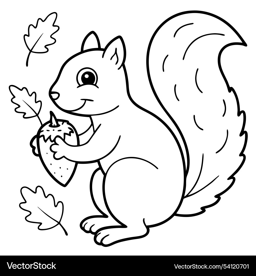 Joyful squirrel with acorn in autumn leaves line Vector Image